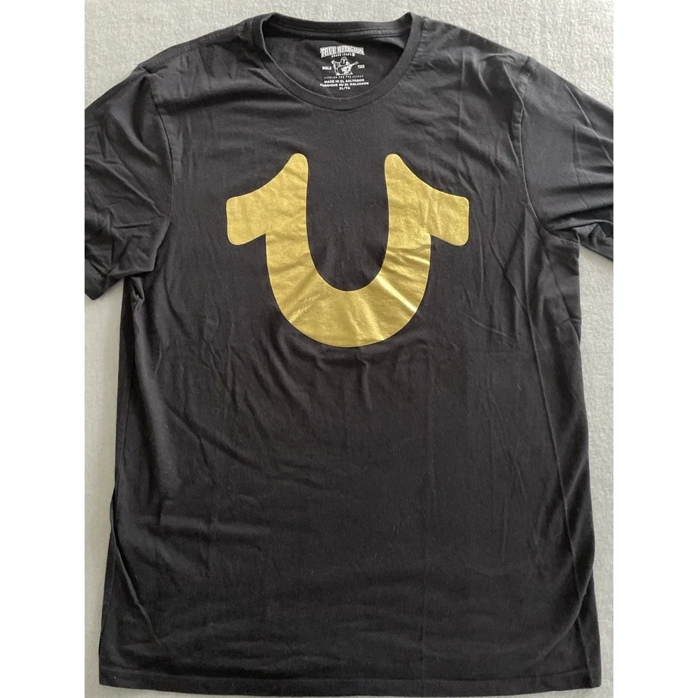 True Religion Men Shirt XL Black Gold Foil Horses Short‎ Sleeve Crew Neck Tee